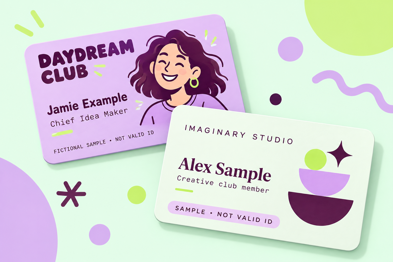 Fictional cartoon and studio sample cards, not valid ID